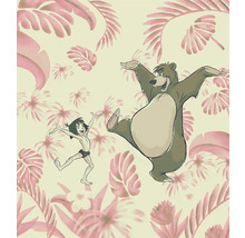 Illustration de Mowgli et Baloo devant un fond floral