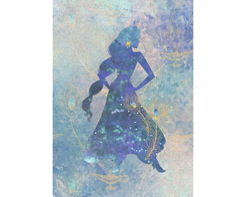 Fototapete Vlies DX4-081 Disney Edition 4 Jasmin Silouhette 4-tlg. 200 x 280 cm Illustration einer Frauensilhouette vor einem Hintergrund mit Pfauenfedern und einer Öllampe