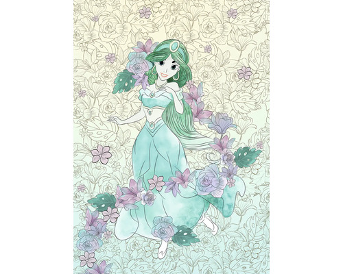 Illustration einer weiblichen Figur mit Blumenmuster im Hintergrund.