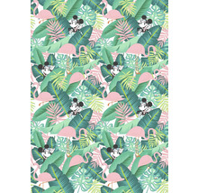 Motif avec des feuilles tropicales, des flamants roses et Mickey Mouse