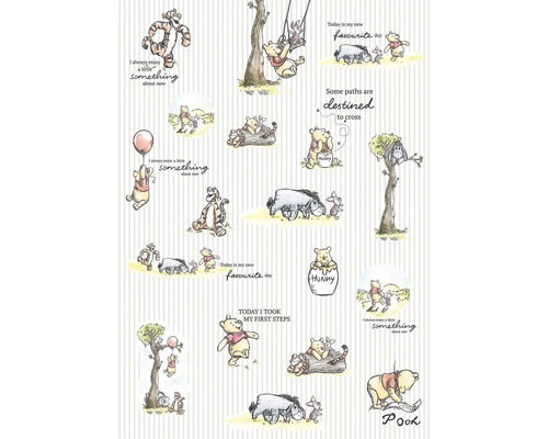 Illustration von Winnie Puuh und seinen Freunden auf gestreiftem Hintergrund