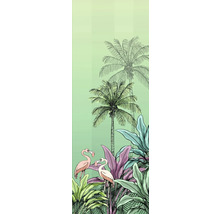 Illustration avec des palmiers, des plantes tropicales et des flamants roses