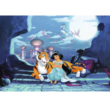 Scène d'Aladdin avec Jasmine, un tigre et un tapis volant devant la lune