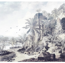 Papier peint photo avec paysage tropical, rochers, palmiers et côte