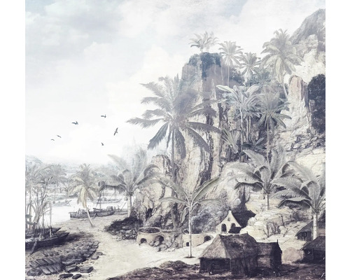 Papier peint photo avec paysage tropical, rochers, palmiers et côte