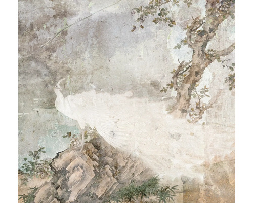 Papier peint décoratif avec motif de paon et représentation d'arbre