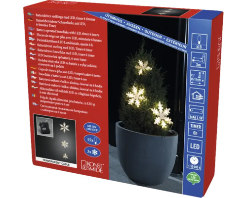 Batteriebetriebene Schneeflocken-Lichterkette mit LED, 15 Stück für den Außenbereich