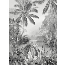 Illustration einer tropischen Landschaft mit Palmen und üppiger Vegetation