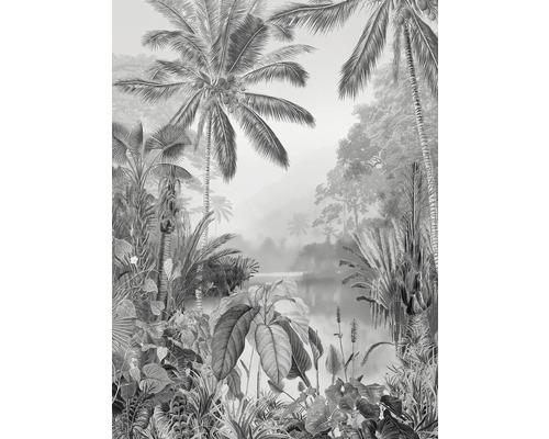 Illustration d'un paysage tropical avec des palmiers et une végétation luxuriante