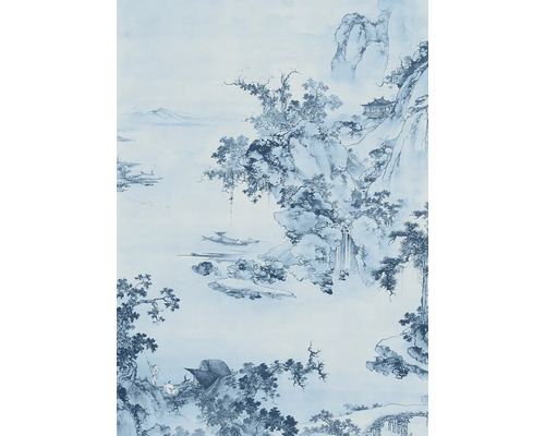 Papier peint avec paysage chinois, incluant montagnes, arbres, cascades et bateaux