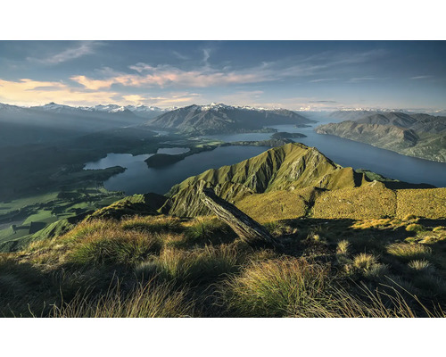 Papier peint panoramique intissé SHX9-115 Green Ridges 9 pces 450 x 280 cm Vue montagneuse avec lac et sommets enneigés