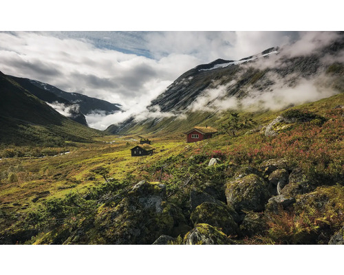 Papier peint panoramique intissé SHX9-073 Pure Norway 9 pces 450 x 280 cm Paysage avec montagnes, vallées et cabanes