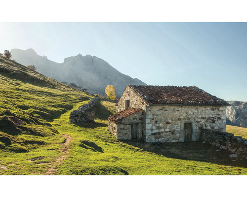 Papier peint panoramique intissé SHX9-068 Picos de Europe Alm 9 pces 450 x 280 cm Maison en pierre dans un paysage verdoyant avec des montagnes