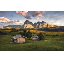 Paysage avec chalets en bois et montagnes