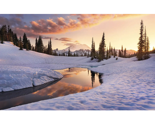 Papier peint panoramique intissé SHX9-005 America the Beautiful 9 pces 450 x 280 cm Paysage hivernal avec lac, neige et conifères dans les montagnes au coucher du soleil.