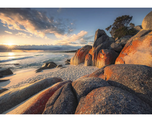 Papier peint panoramique intissé SHX8-132 Bay of Fires 8 pces 400 x 280 cm Plage de sable avec rochers et vue sur la mer au lever du soleil