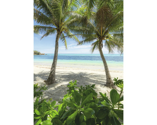 Papier peint panoramique intissé SHX4-124 Palmy Beach 4 pces 200 x 280 cm Vue de plage avec des palmiers et de la végétation