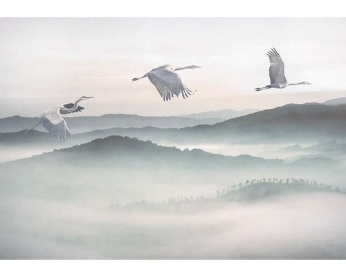 Papier peint panoramique intissé INX8-083 Ink Mystic Cranes 8 pces 400 x 280 cm Scène avec des grues en vol au-dessus d'un paysage de montagne brumeux