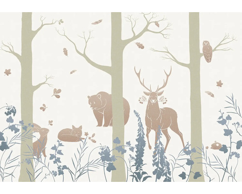 Papier peint panoramique intissé INX8-065 Ink Forest Animals 8 pces 400 x 280 cm Papier peint avec animaux de la forêt et arbres