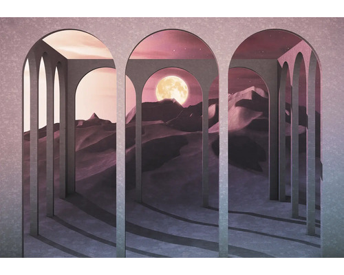 Papier peint panoramique intissé INX8-061 Ink Sands Of Time 8 pces 400 x 280 cm Illustration avec paysage désertique, lune et arcades