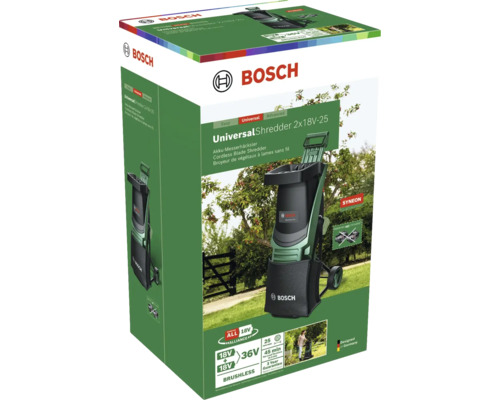 Emballage du broyeur de végétaux à lames sans fil Bosch Universal Shredder 2x18V-25