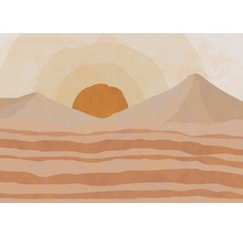 Illustration d'un paysage désertique avec soleil et montagnes