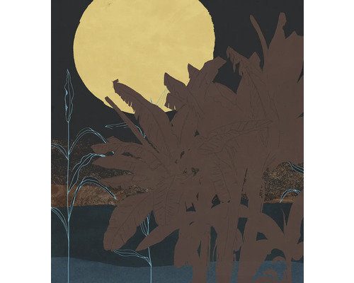 Papier peint panoramique intissé INX5-016 Ink Supermoon 5 pces 250 x 280 cm Peinture avec feuilles de bananier et cercle jaune