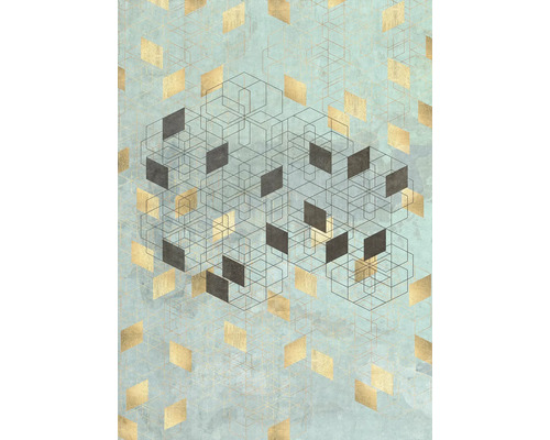 Papier peint panoramique intissé INX4-049 Ink Plaqué Or 4 pces 200 x 280 cm Motif décoratif avec formes géométriques sur fond bleu clair