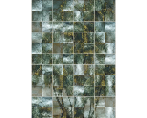 Papier peint panoramique intissé INX4-045 Ink Palm Puzzle 4 pces 200 x 280 cm Motif de carreaux avec motif de palmier pour la décoration des murs et des sols