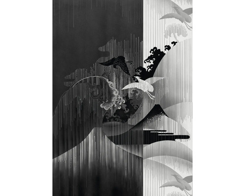 Papier peint panoramique intissé INX4-018 Ink Yin Yang 4 pces 200 x 280 cm Graphique avec montagnes, grues et éléments stylisés
