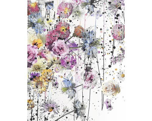 Abstraktes Blumenmuster mit verschiedenen Blüten und Farbakzenten