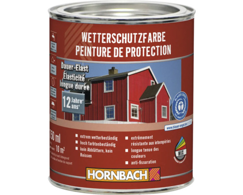 Peinture de protection contre les intempéries en boîte métallique avec le label Ange bleu et le logo Hornbach Peinture de protection contre les intempéries en boîte métallique avec le label Ange bleu et le logo Hornbach