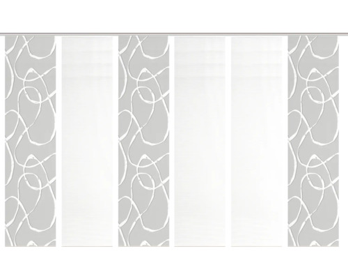 Flächenvorhang mit abstraktem Muster und transparenten Elementen