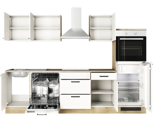 Küchenzeile mit Spüle, Geschirrspüler, Kochfeld, Dunstabzugshaube, Backofen und Kühlschrank