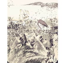Illustration d'une scène tropicale avec flamant rose, palmiers et lys