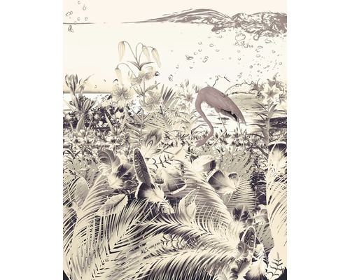 Illustration d'une scène tropicale avec flamant rose, palmiers et lys