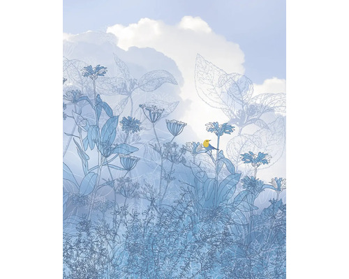 Papier peint décoratif avec plantes, fleurs et oiseau