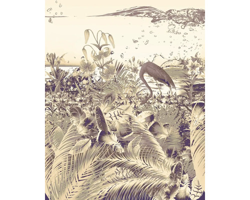 Illustration avec un flamant rose dans une scène tropicale avec des fleurs et des feuilles