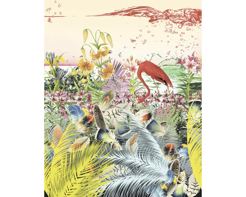 Peinture murale décorative avec des motifs de fleurs, de plumes et de flamants roses