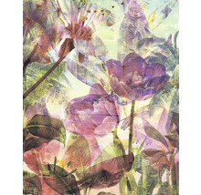 Motif abstrait avec des fleurs, des palmiers et un paysage urbain
