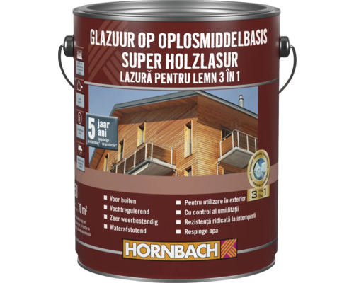Lasure pour bois en boîte avec l'inscription Super Holzlasur et le logo Hornbach