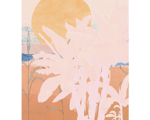 Papier peint panoramique intissé INX5-091 Ink Platanos Pink 5 pces 250 x 280 cm Illustration d'un paysage côtier avec soleil et végétation