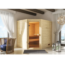 Sauna claire en bois avec porte en verre dans une salle de bain