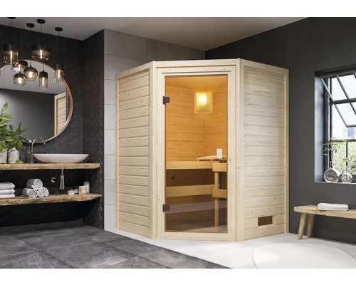 Sauna en bois massif Karibu Antonia sans poêle ni couronne avec porte entièrement vitrée couleur bronze Salle de bain avec sauna en bois, lavabo et miroir