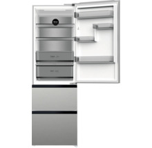Geöffneter Kühlschrank mit Gefrierfach, ausgestattet mit Fächern, Schubladen und No Frost Funktion.