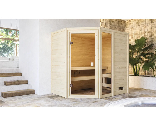 Sauna d'angle en bois avec porte en verre dans une salle de bain avec piscine et plantes