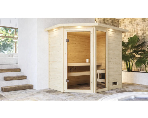 Ecksauna aus Holz mit Glastür in Badezimmerumgebung.