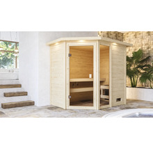 Sauna en bois clair avec porte en verre dans une salle de bain
