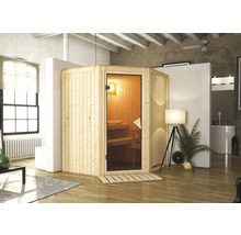 Sauna d'angle en bois avec porte en verre dans une salle de bain
