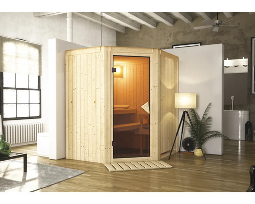 Holzsauna mit Glastür in einem Badezimmer